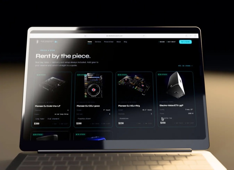 The Electroniconch equipment rental website open on a laptop